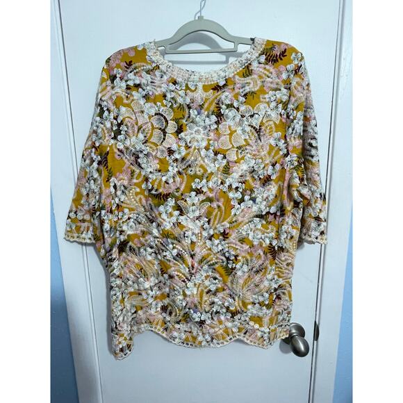 Solitaire Blouse Large Yellow Floral Embroidered Boho Cottage Core Country Club - Picture 1 of 7